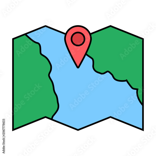 Colored outline folded map icon representing navigation, route planning, and travel exploration.