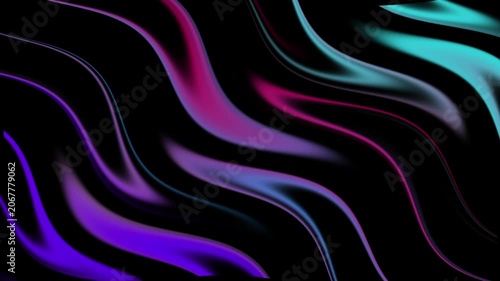 Abstract background with elegant liquid waves of neon blue, purple, and magenta colors on a dark black background. Smooth flowing silk fabric texture or soft glowing light paths for digital design.