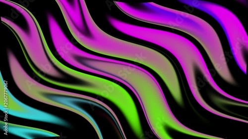 Abstract background with smooth liquid waves of neon purple and bright green colors on a black background. Trendy colorful satin silk fabric pattern or aurora borealis effect for modern digital design