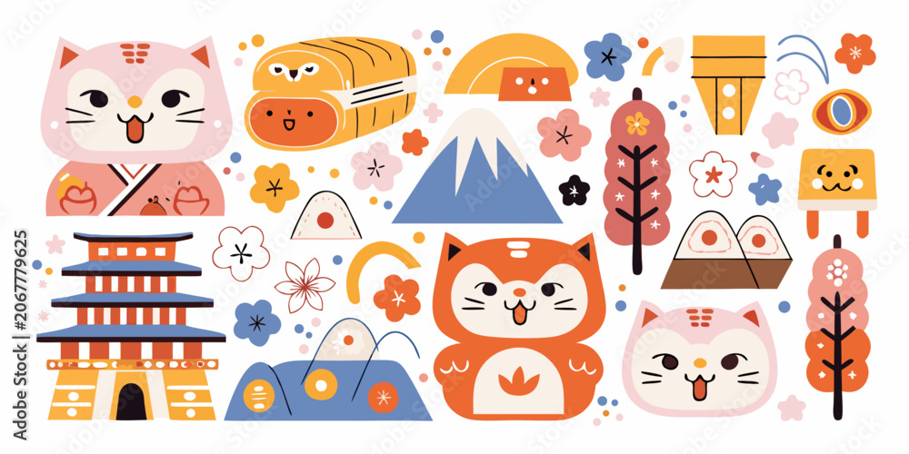 Fototapeta premium Japanese Culture Vector Illustration Featuring Cats Mountains And Floral Ornaments
