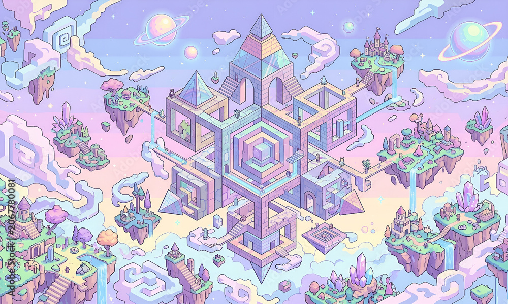 Fantasy illustration of floating buildings | abstract seamless pattern