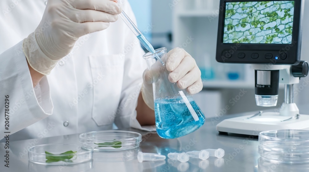 Fototapeta premium Scientist in lab coat carefully pouring blue liquid into beaker near microscope and petri dishes.