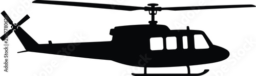 Quadro em tela Minimal vector silhouette, helicopter side view with main rotor and tail rotor, solid black, isolated on white background