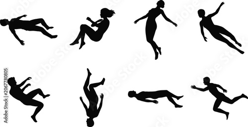 Fotografie Floating Human Silhouette Collection Falling and Flying Body Poses Vector Set