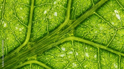Extreme close up view of leaf structure showing complex network of veins and cell patterns highlighting biological nature details with vibrant green colors in light.