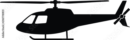 Schilderij op canvas Minimal vector silhouette, helicopter side view with main rotor and tail rotor, solid black, isolated on white background