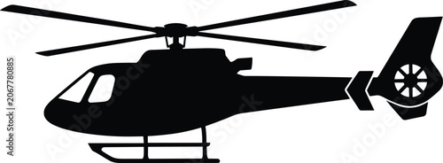 Εκτύπωση καμβά Minimal vector silhouette, helicopter side view with main rotor and tail rotor, solid black, isolated on white background