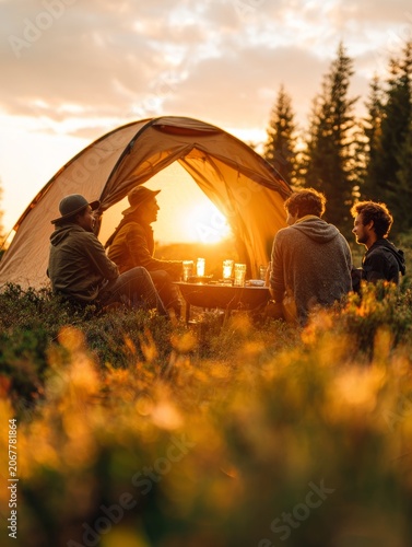 Friends enjoying a sunrise camp gathering with barbecue and drinks inside a tent surrounded by nature