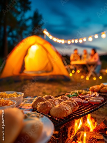Friends enjoying a barbecue gathering while camping under the stars with a cozy tent and string lights