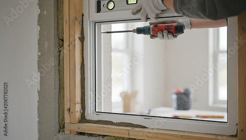 Skilled construction worker accurately installs new window frame using a power drill and level