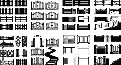 Black Silhouette Fence Gate and Barrier Vector Collection Featuring Picket Wrought Iron Wooden Modern and Decorative Designs