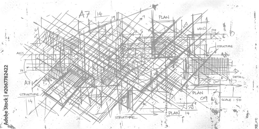 Fototapeta premium Black and white abstract grunge architectural blueprint design illustration