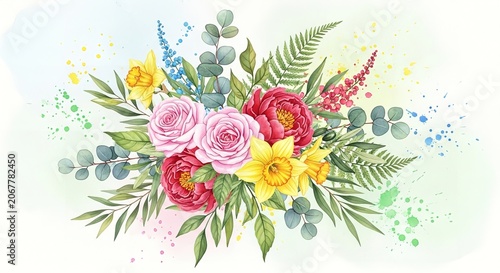Vibrant Watercolor Floral Bouquet with Roses and Tropical Leaves on Soft Background