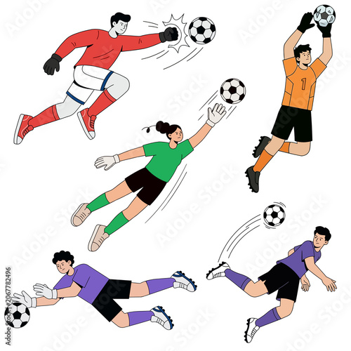 Set of soccer players in action poses with footballs isolated on transparent background, flat cartoon vector style