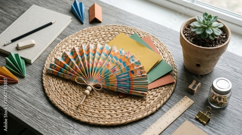 Colorful Handheld Fan Collection on Wooden Table with Potted Plant and Stationery Items.