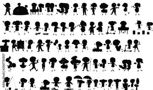 Canvastavla Flat vector illustration set showing many different children silhouettes perform