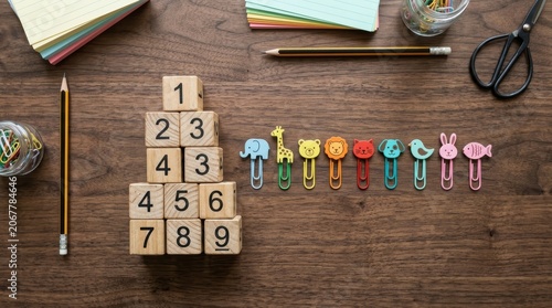 Educational Toys and Learning Tools for Children on Wooden Table.