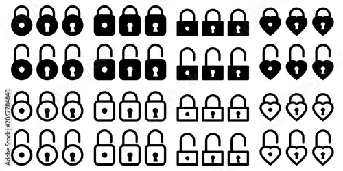 Vector Padlock Icons Locked and Unlocked Styles. Set of round, square, rectangular, and heart-shaped padlock icons for security, web interface, privacy, and user authorization design projects