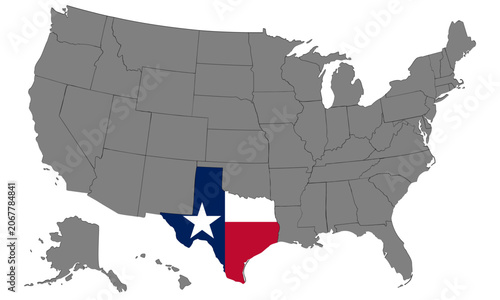 United States Map Highlighting Texas State with Flag. Vector illustration for educational, travel, and political geography projects related to Texas