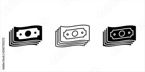 Wavy stack of money bills icon set with line, glyph, and solid style variations for financial design.