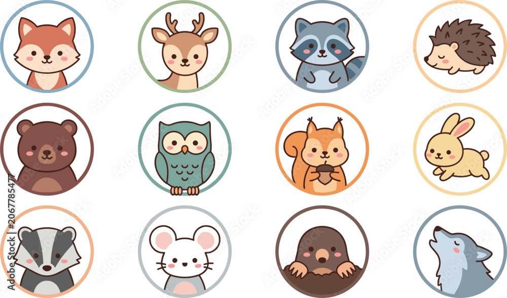 Obraz premium Cute Woodland Animal Avatar Icon Set featuring Kawaii Forest Creatures in Circles for Children Profiles, Mobile App Badges, Stickers, and Educational Graphic Designs