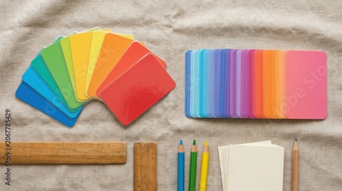 Colorful Paint Swatches and Art Supplies on Wooden Surface.