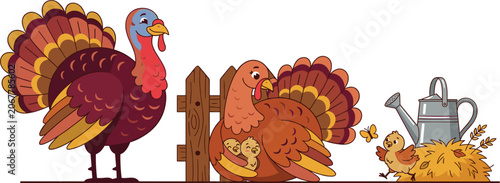 Cute Domestic Turkey Family Vector Border Set Featuring Tom Hen Guarding Chicks by Fence and Watering Can with Straw Elements for Autumn Thanksgiving Designs