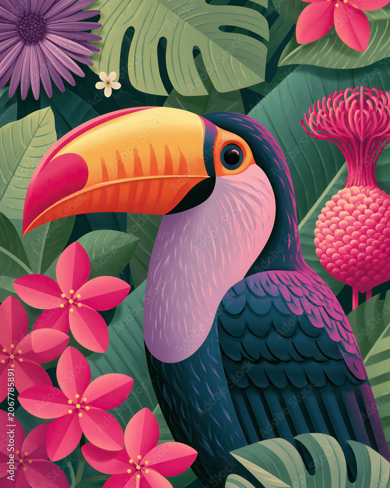 Obraz premium Tropical toucan among bright flowers