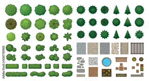 Top down trees shrubs and garden elements vector illustration on white background