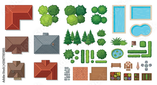 Vector Illustration Of Building Elements And Landscape Features