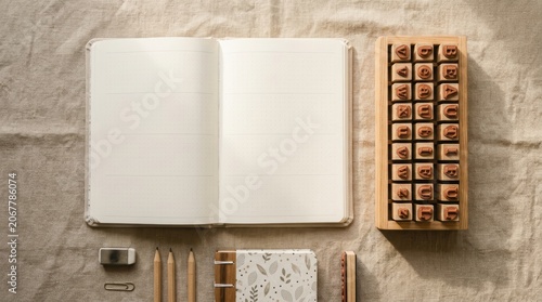 Open Notebook with Chocolate and Stationery on Wooden Surface.