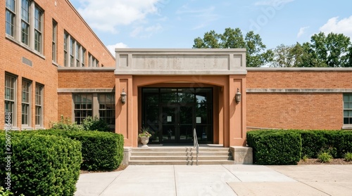 Modern Brick Building Entrance with Greenery and Steps.