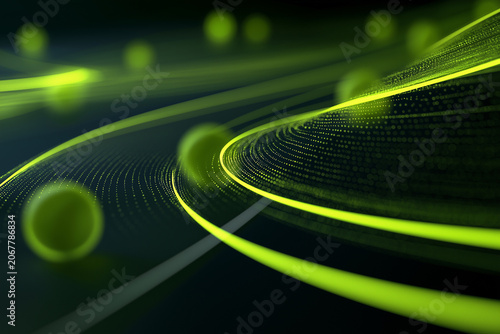 Abstract green glowing lines and spheres create a dynamic visual representation of data flow or a digital network.