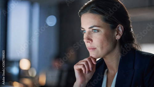 Focused Caucasian woman in an office, engaged in deep thought.