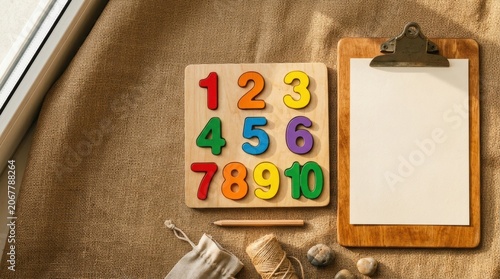 Colorful Number Puzzle Blocks with Empty Frame on Wooden Surface for Kids Learning.