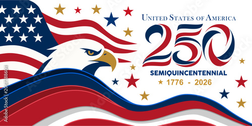 USA 250 years semiquincentennial horizontal banner template. Features an iconic bald eagle mascot, waving American flag graphics and custom ribbon 250 typography.