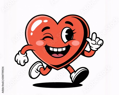 Cartoon heart character winking and walking with enthusiasm