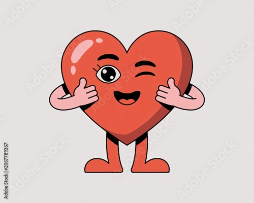 Cartoon red heart character winking and giving thumbs up