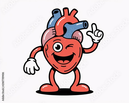 Cartoon heart character winking and pointing finger with a happy expression