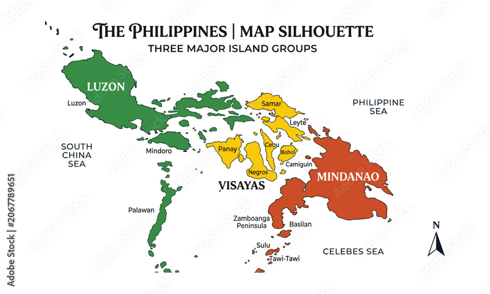 Fototapeta premium Colorful vector map silhouette of the Philippines highlighting three major island groups, Luzon, Visayas, Mindanao, with detailed sea border labels.