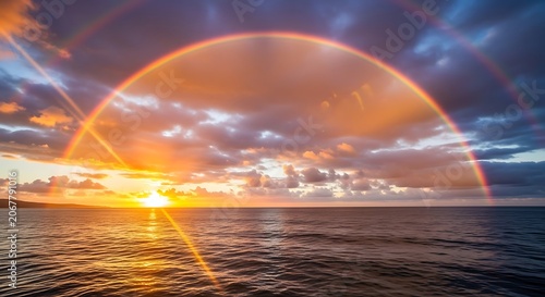 Vibrant sunset over calm ocean waters with fishing boat.