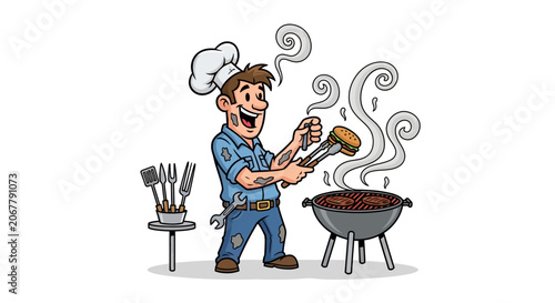 Mechanic Chef Grilling Burgers