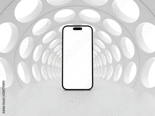 Smartphone with blank screen standing alone in futuristic tunnel with circular openings transparent background