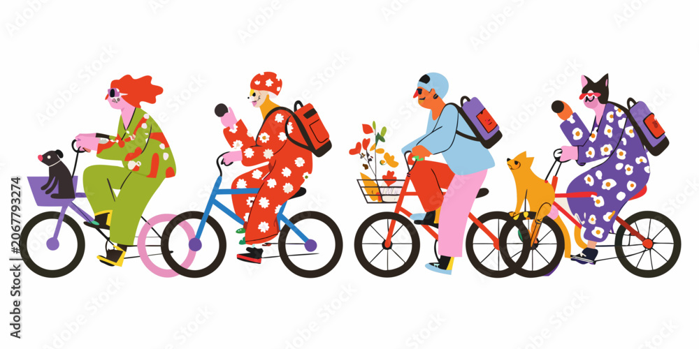 Fototapeta premium People Riding Bicycles With Pets Colorful Vector Illustration