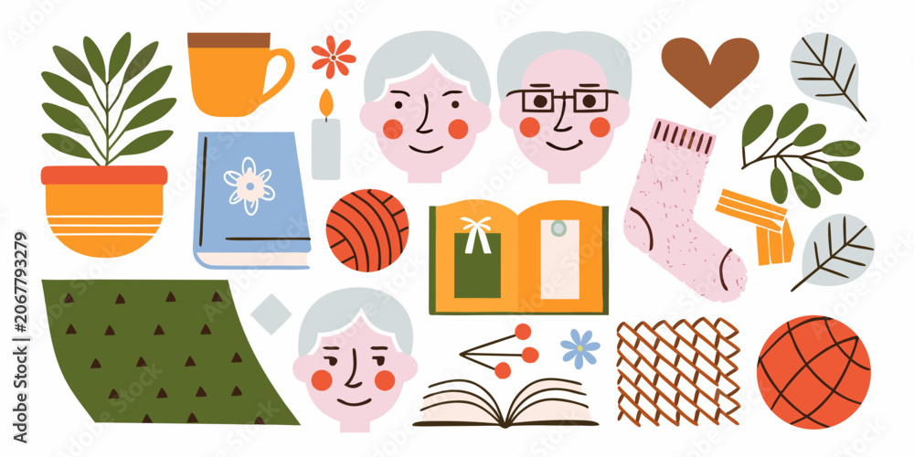 Fototapeta premium Floral and object vector illustration with portraits books and decorative elements
