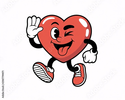 Retro cartoon heart character waving with red sneakers and tongue out