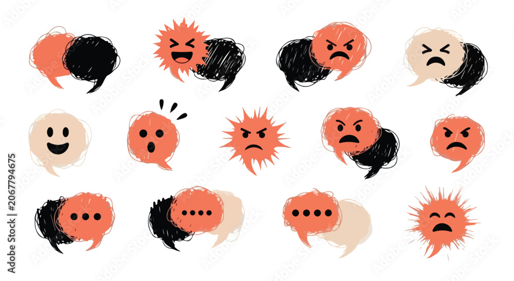 Obraz premium Collection of various emoticon faces and speech bubbles in orange, black, and beige on white background for digital communication
