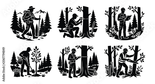 Obraz na płótnie Forestry Workers Silhouette Collection Black Vector Illustrations On White Backg