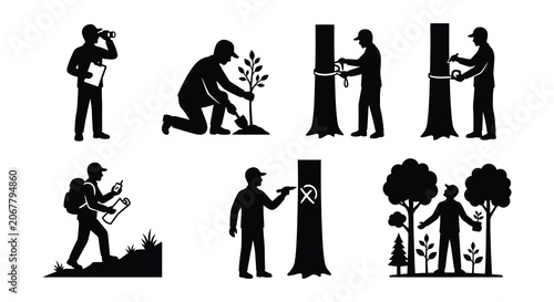 Bild auf Leinwand Forestry Workers Silhouette Collection Black Vector Illustrations On White Backg