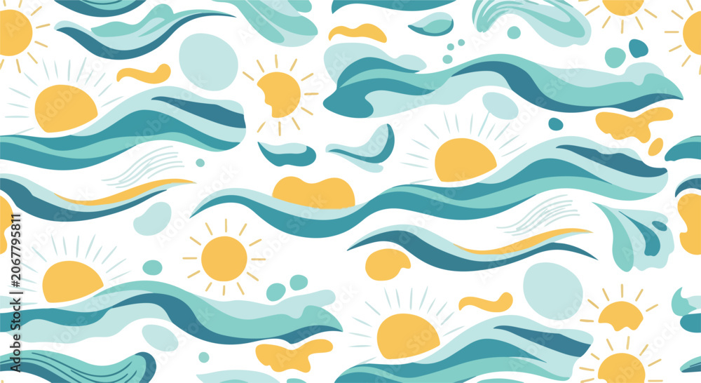 Fototapeta premium Vibrant abstract pattern with wavy lines, suns, and circles in shades of blue, green, and yellow on white background